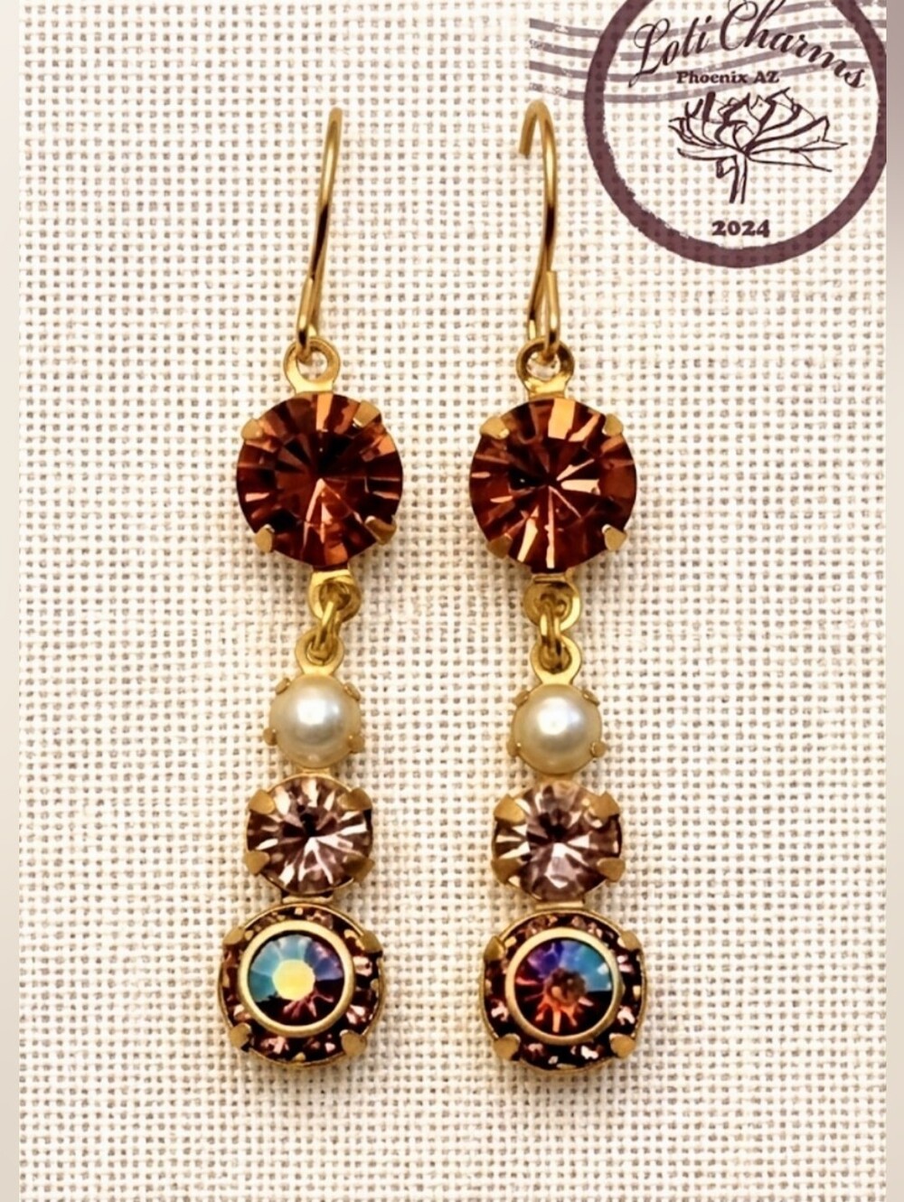 Pink Apricot Swarovski And Flower Crystals In Drop Gold Plated Earrings